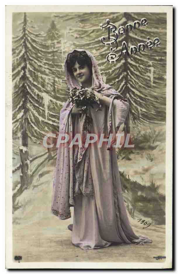 Mujer en vestido y velo en un paisaje invernal — Feliz Año 1909 — editor desconocido, n° 601