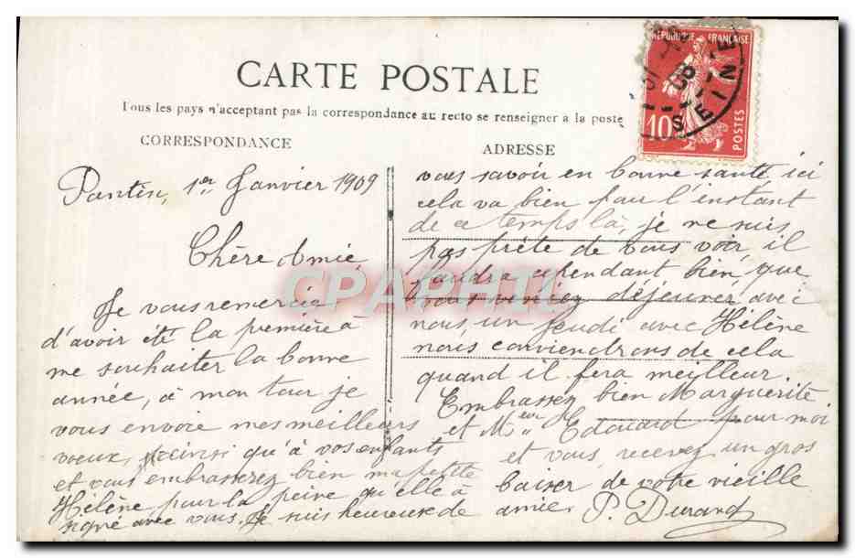 Mujer en vestido y velo en un paisaje invernal — Feliz Año 1909 — editor desconocido, n° 601 — Reverso