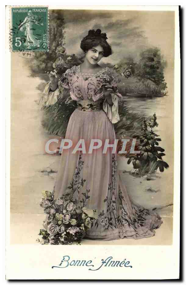 Femme en robe fleurie — Bonne Année — éditeur 'Sirius' N. 639
