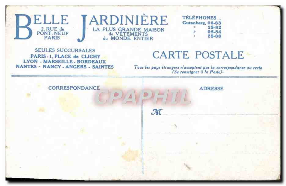 CPA Fantaisie Hollande Moulin Enfant Publicite Belle Jardiniere Rue du Pont Neuf Paris  — Rückseite