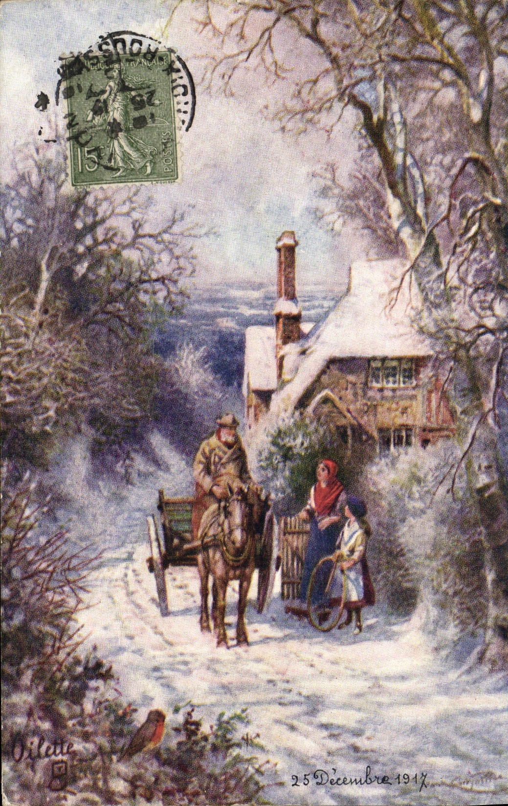Scène hivernale — village enneigé avec chariot et femme — éditeur Oilette, n° de série non visible
