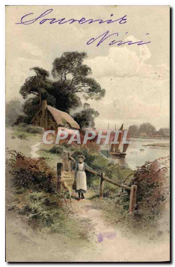 Rural landscape with woman on the path — Souvenir Nini — publisher not visible