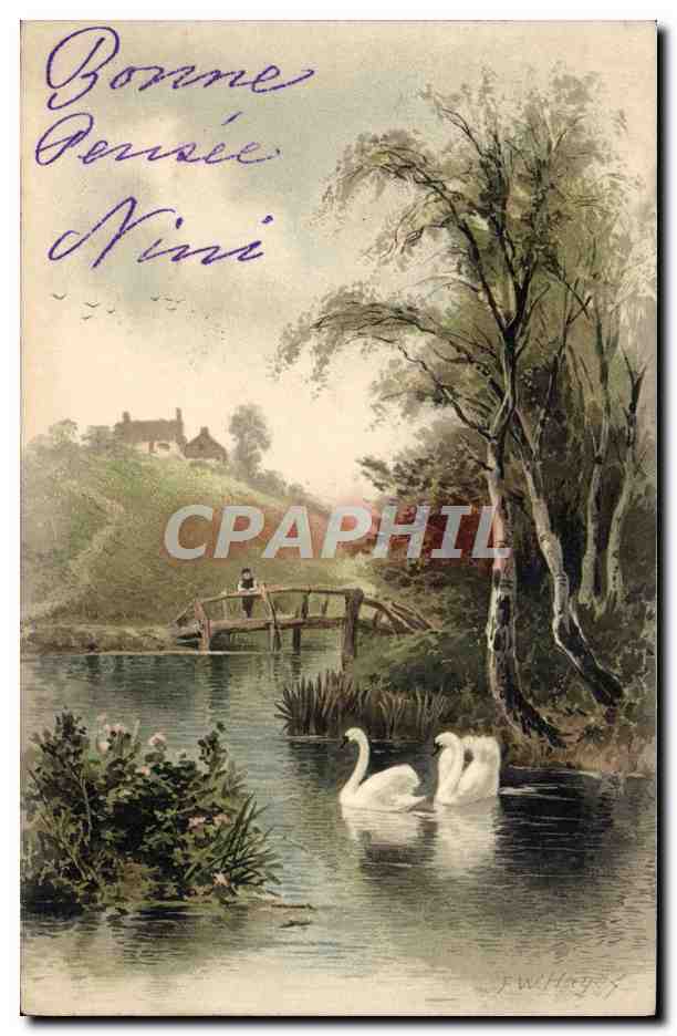 Deux cygnes sur un lac — paysage avec pont et maison — J.W. Hayey