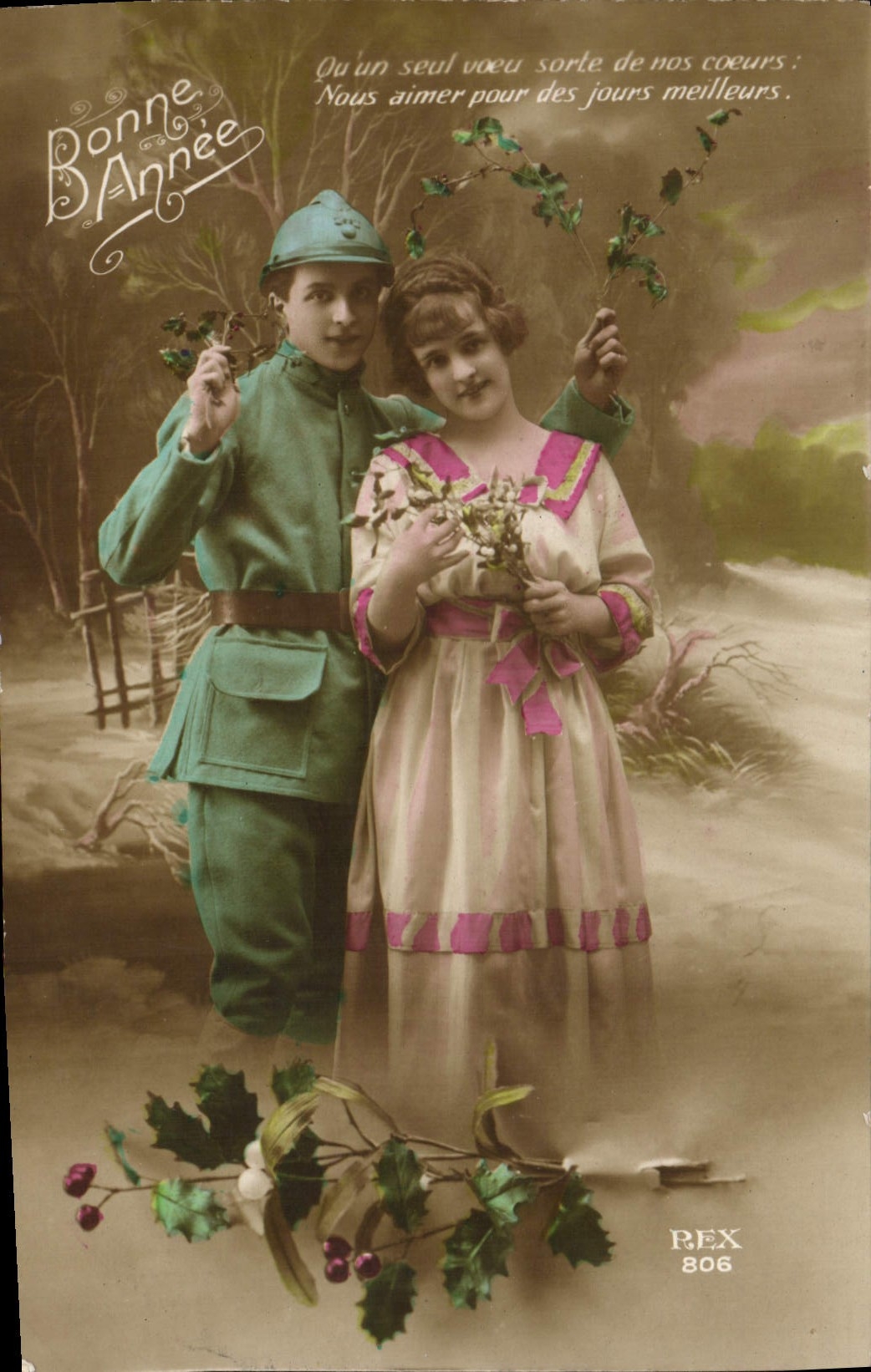 Soldat et jeune femme — vœux de bonne année — REX 806