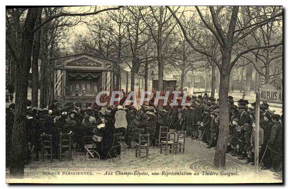 Aux Champs-Élysées — une Représentation au Théâtre Guignol — Scènes Parisiennes, éditeur Cecodi