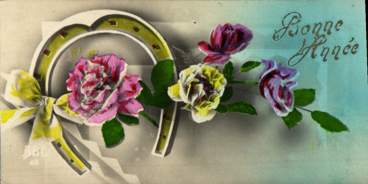 CPA Fantaisie Bonne Annee Fer a cheval Fleurs