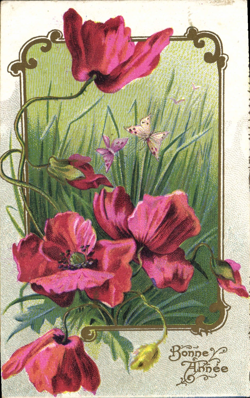 CPA Fantaisie Fleurs Bonne Annee Papillons