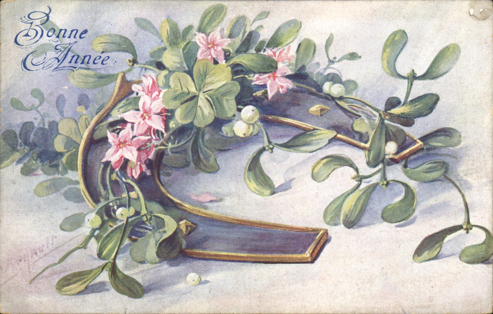 CPA Fantaisie Fleurs Fer a cheval Gui Bonne Annee