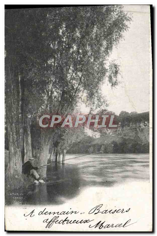 Pêcheur au bord d'un lac — sous un grand arbre — éditeur ATAR de Genève, n° de série non visible
