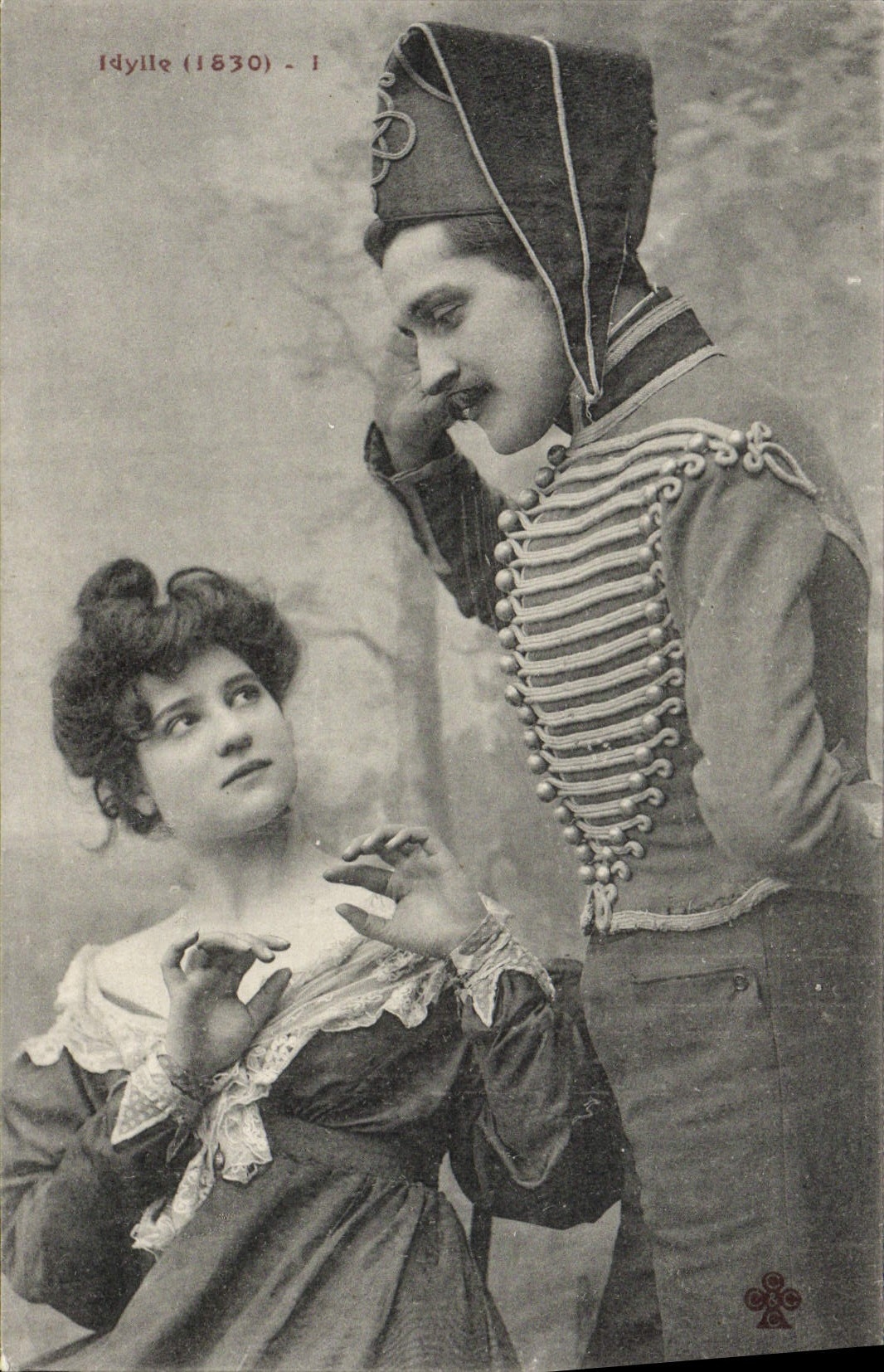 Idylle (1830) - 1 — scène de théâtre avec couple en costume historique — éditeur Idylle