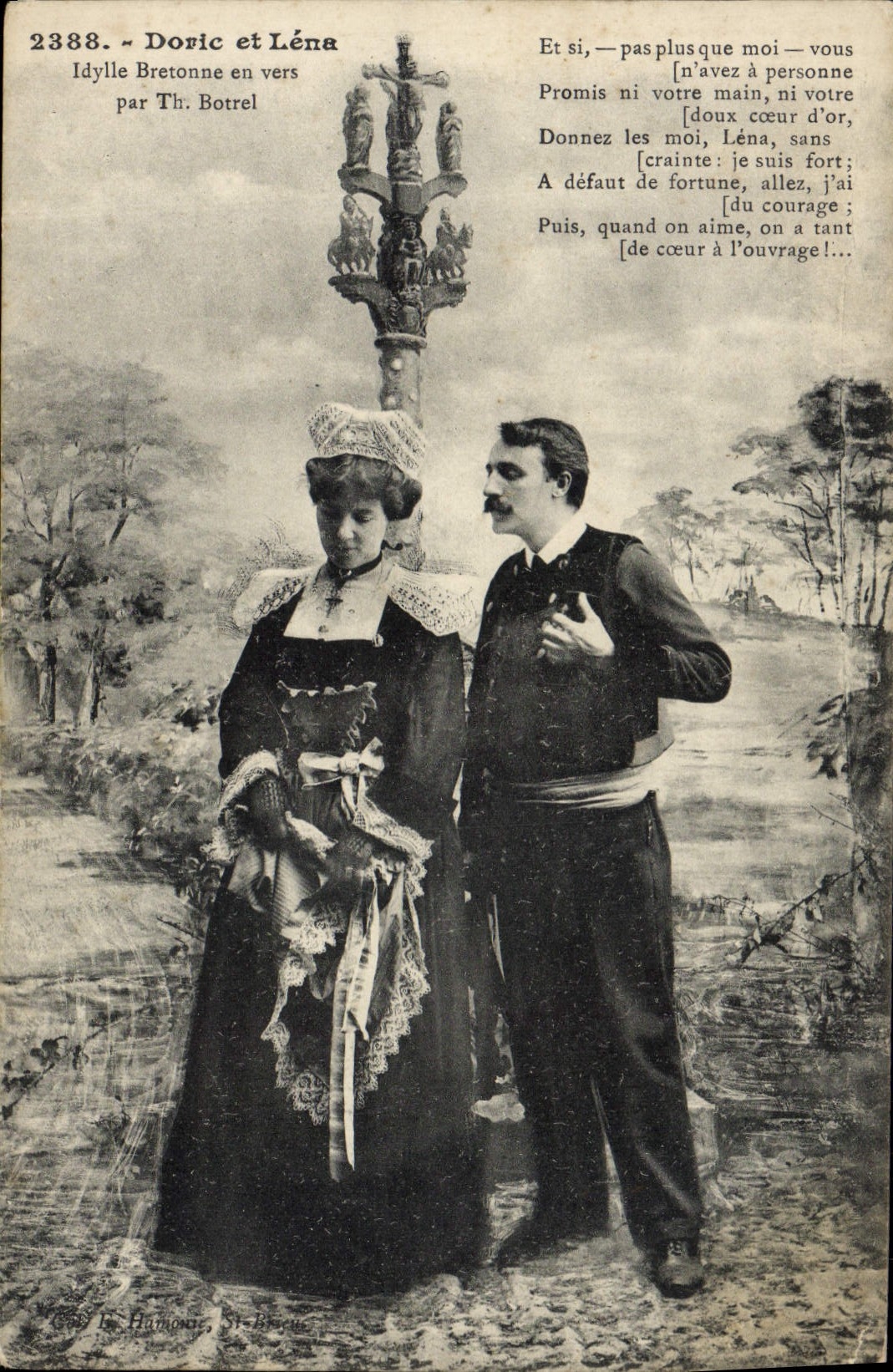 Tarjeta postal antigua Doric y Lena Idylle Bretonne en versos de Botrel Folklore