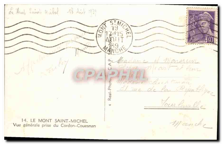 Le Mont Saint-Michel — Vue générale prise du Cordon-Couesnan — éditeur Cap, n°14 — Verso