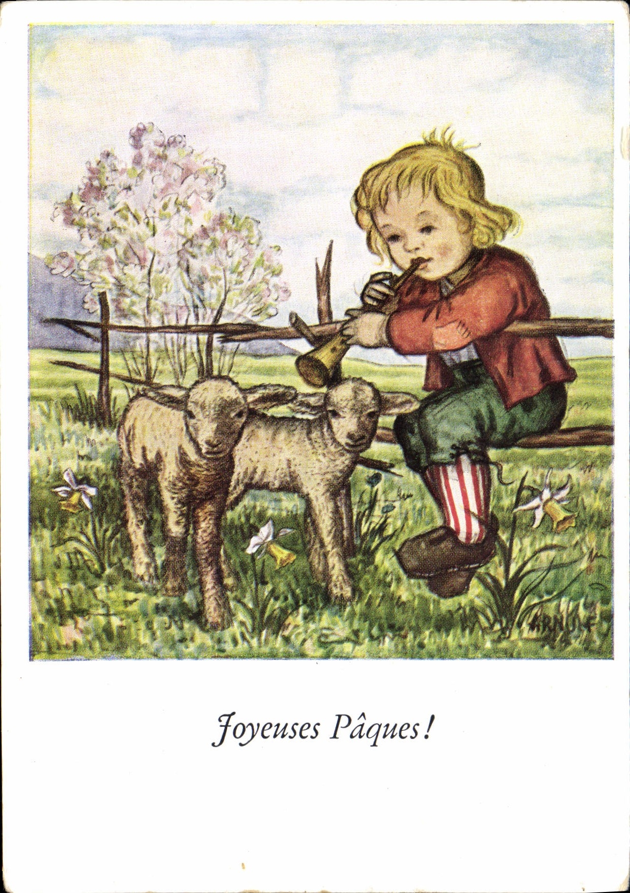 CPM Joyeuses Paques Agneaux Enfant