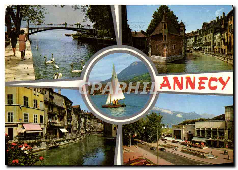 Annecy — vue panoramique avec canaux, cygnes et montagnes — Ed. J. Cellard, SPADEM