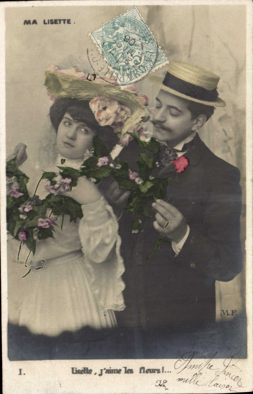 Ma Lisette — Sujet : jeune couple avec bouquet — éditeur M.F. n° I