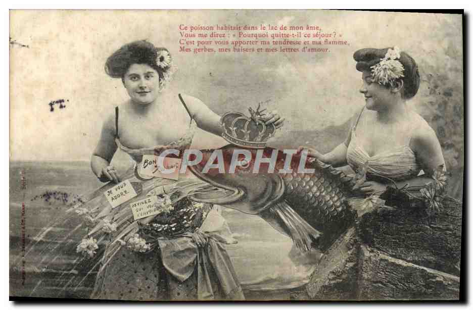 Deux femmes en tenue de sirène — poisson symbolique — éditeur anonyme