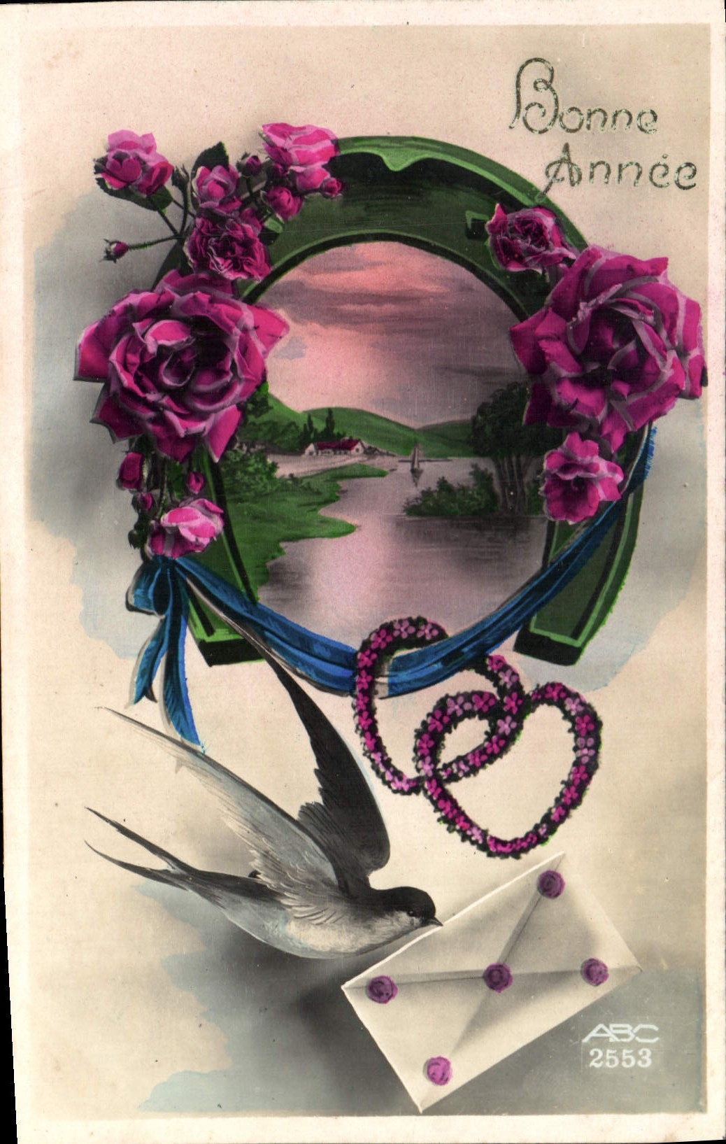 CPA Fantaisie Fleurs Hirondelle Coeur Bonne Annee