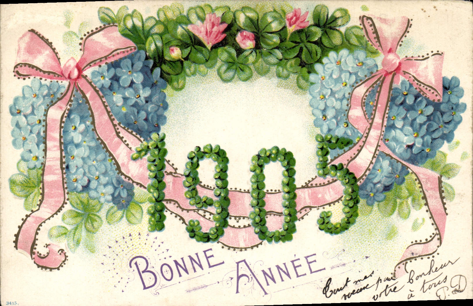 Bonne Année 1905 — décor floral avec rubans roses — éditeur anonyme, n° 3415