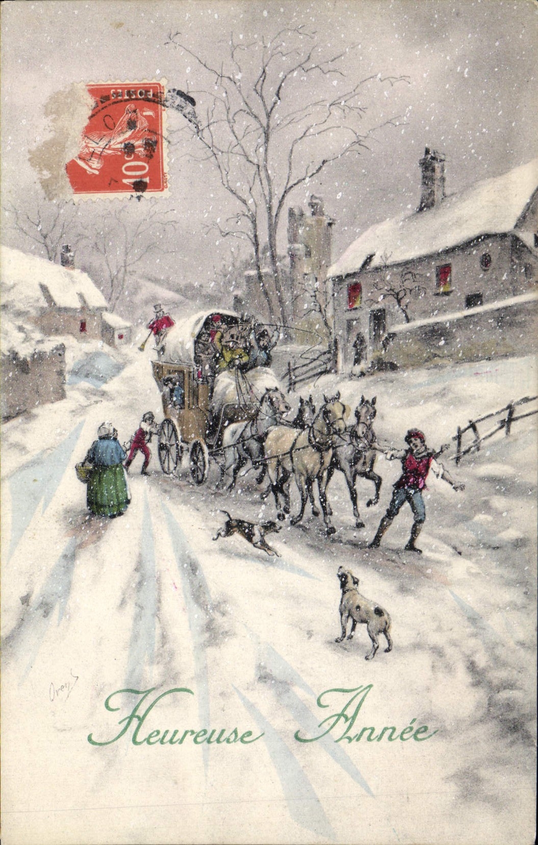 CPA Fantaisie Heureuse Annee Caleche Chiens Chevaux 