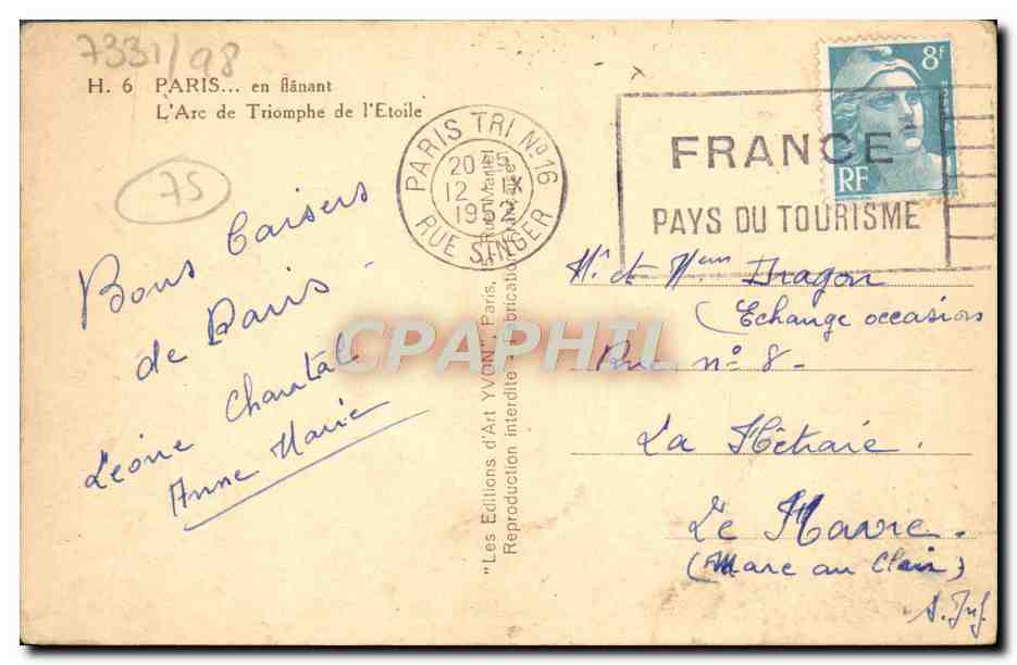 CPA Paris L'Arc de Triomphe de I'Etoile — Verso