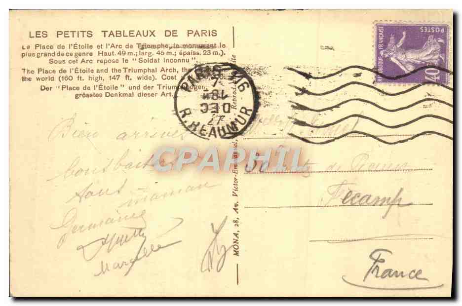CPA Paris En Flanant L'Arc de Triomphe et la Place  — Rückseite