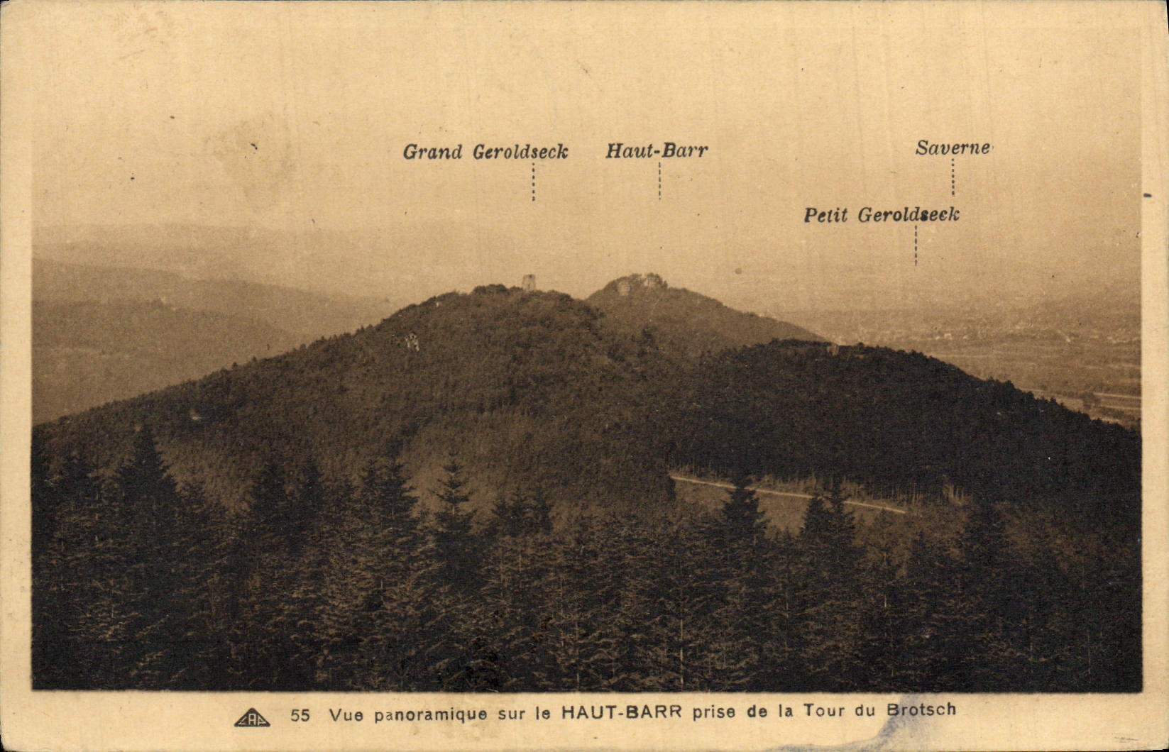 Vue panoramique sur le HAUT-BARR prise de la Tour du Brotsch — Édition Debit de Tabas, J. Fennig et Fils, n°55