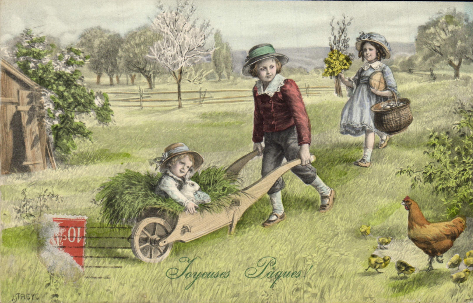 CPA Fantaisie Enfants Poule lapin 