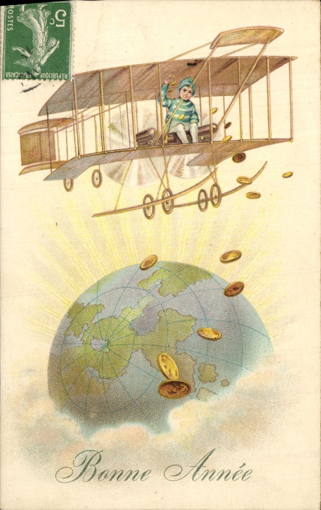 Aviateur sur avion biplan — Bonne Année — République Française