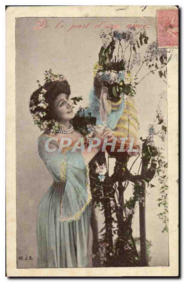 Frau in blauer Robe und Blumenschmuck — 'Von einer Freundin' — M.J.S.