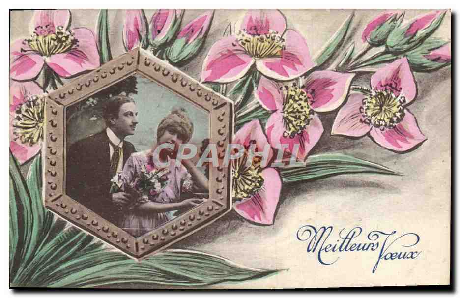 Paar in einem sechseckigen Rahmen — rosa Blumen — Verlag: Impr. Limp-Cédi, Paris, Serie Nr. 2 bis