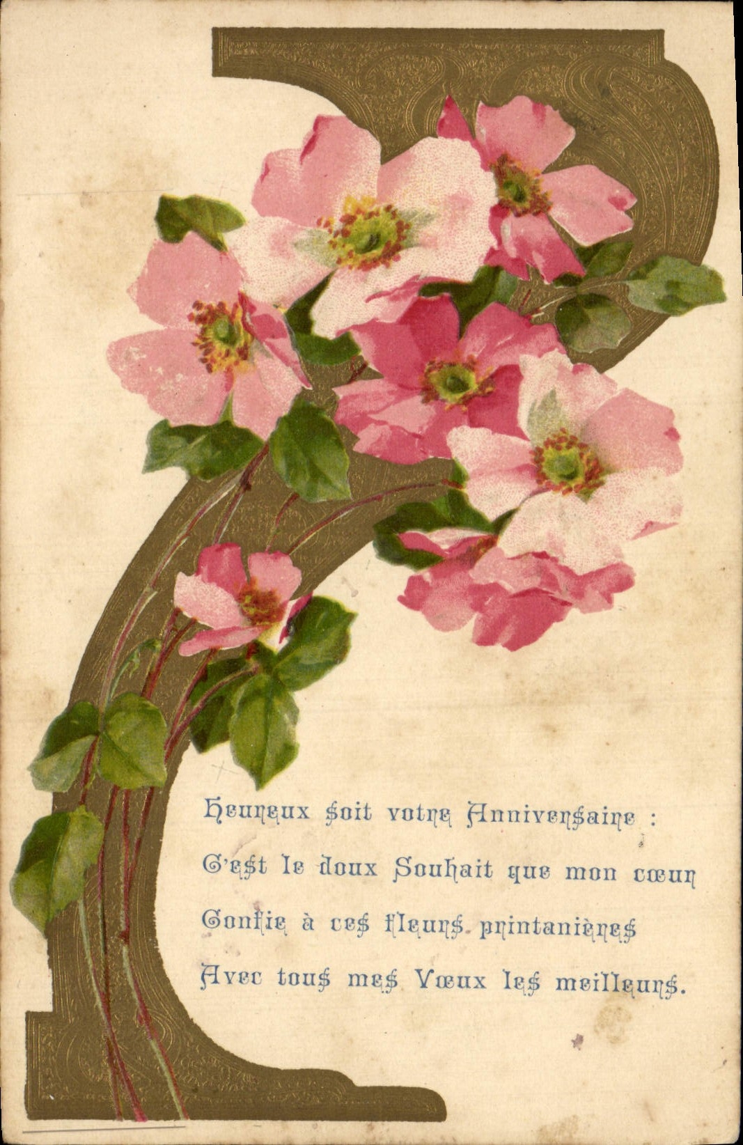 Fleurs printanières — Anniversaire — Carte postale multilingue
