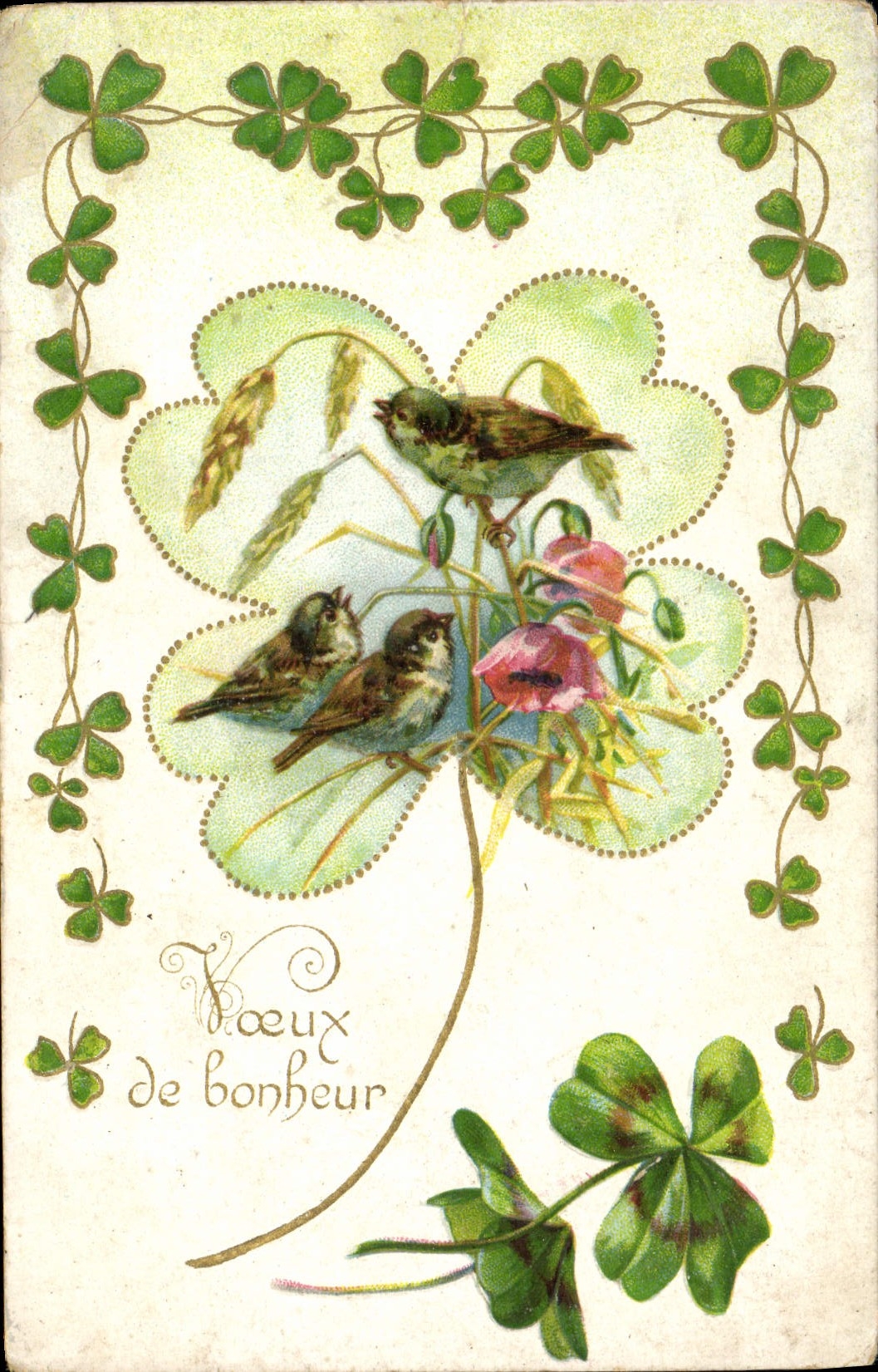 CPA Voeux De bonheur Fleurs Oiseaux