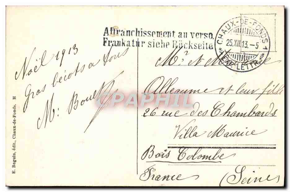 CPA Le Chalet en hiver La Chaux de Fonds — Rückseite