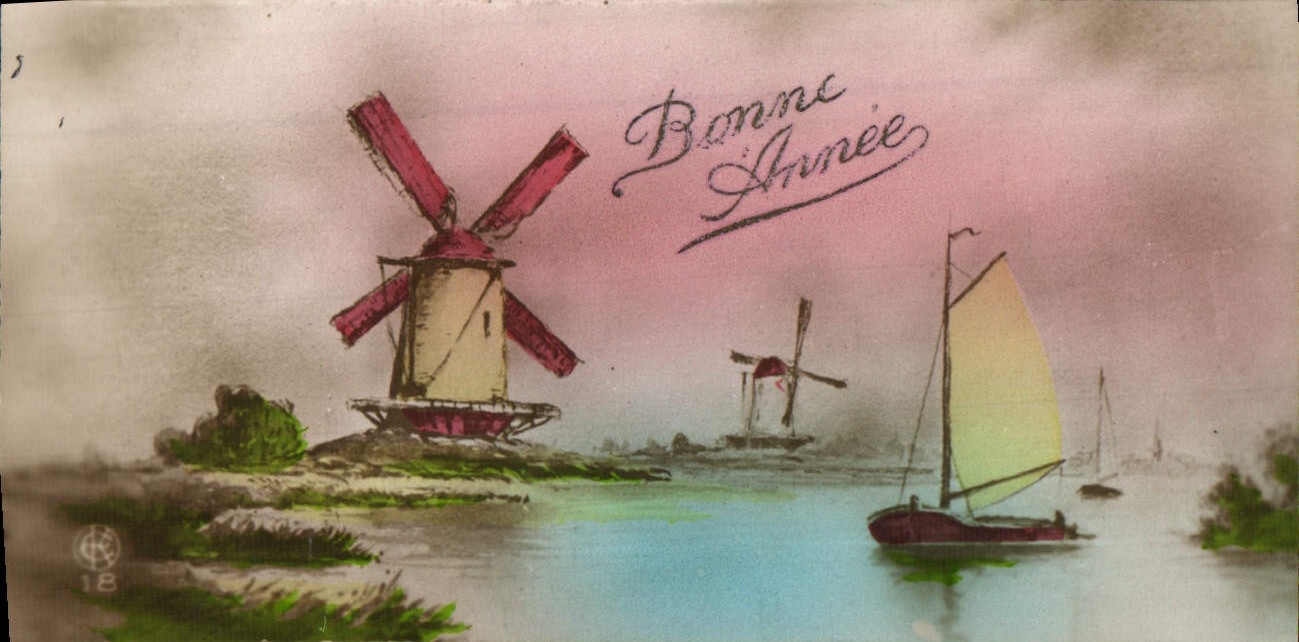 CPA Fantaisie Bonne annee Moulin a vent Bateau