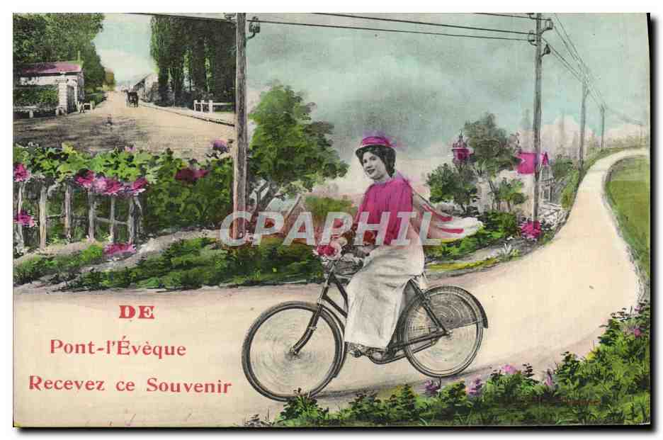 CPA Fantaisie De Pont l'Eveque recevez ce souvenir Femme Velo Cylme 