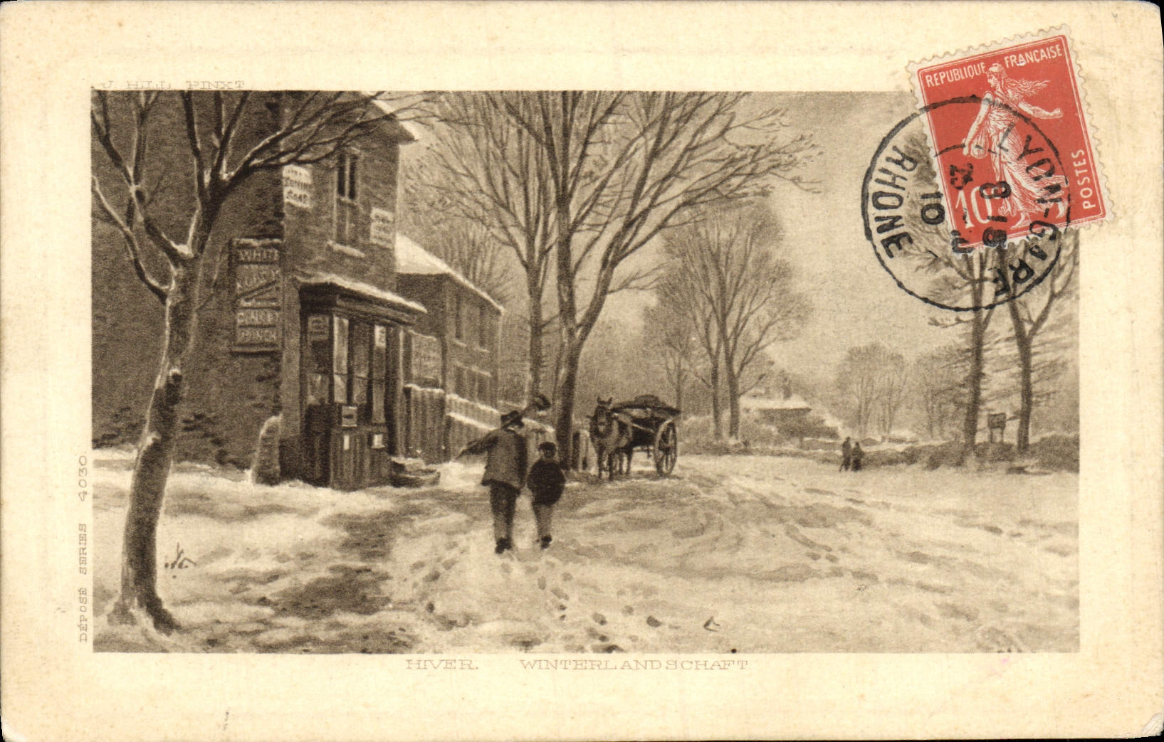 Village en hiver — scène de rue enneigée — W. Huldschneider, série 4030