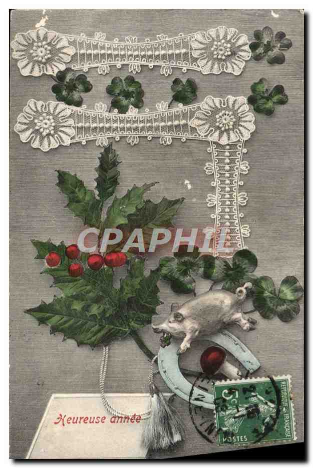 CPA Fantaisie Fleurs Fer a cheval Cochon Porc 