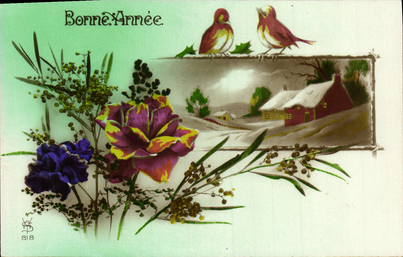 CPA Fantaisie Fleurs Oiseau Bonne annee