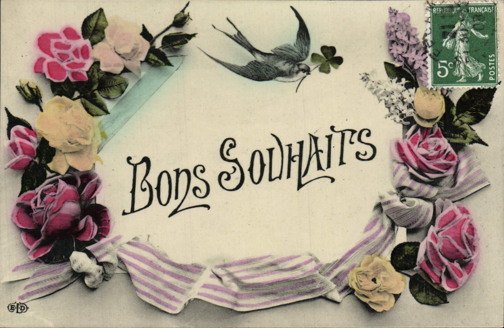 CPA Fantaisie Fleurs Bons Souhaits Hirondelle
