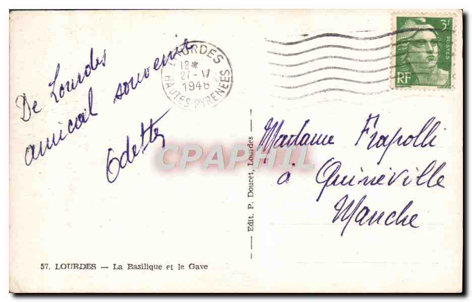 CPA Lourdes La Basilique et le Gave — Verso