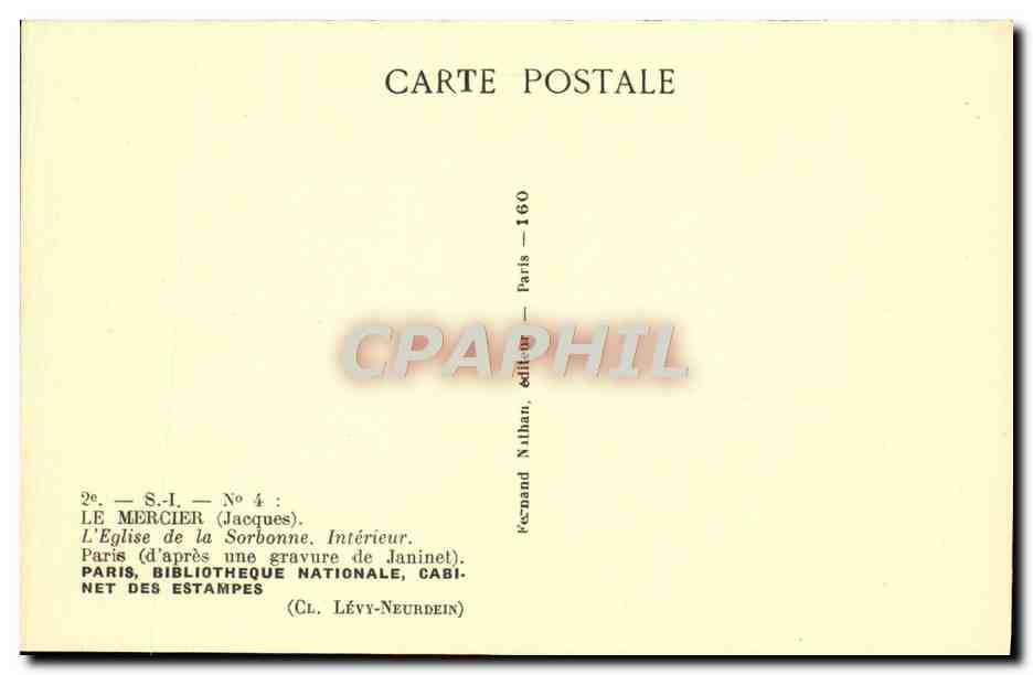 CPA Paris Bibliotheque Nationale Cabinet Des Estampes Interieur de l'eglise de la Sorbonne — Rückseite