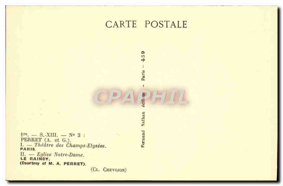 CPA Perret Theatre Des Champs Elysees Paris Eglise Notre Dame — Rückseite
