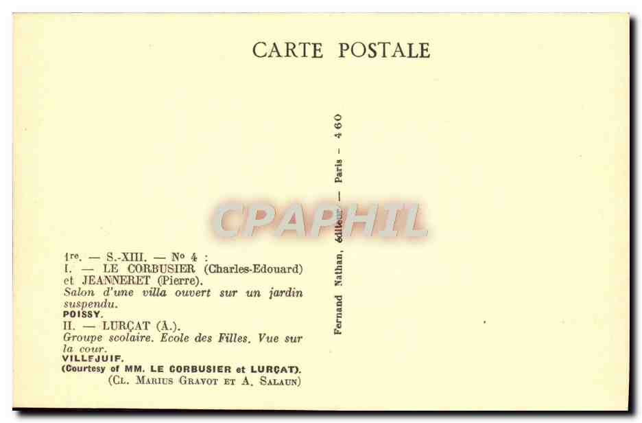 CPA Le Corbusier Et Jeanneret Salon D'Une Villa Ouverte Sur Un Jardin Suspendu Poissy Villejuif Ecole de filles  — Rückseite