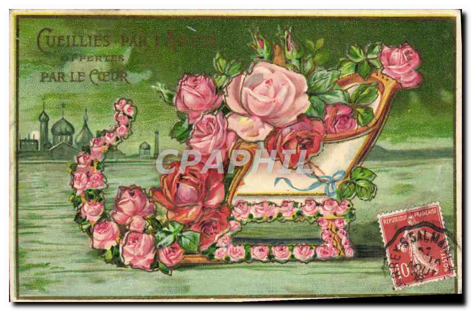 Roses dans un fauteuil — offertes par l'amitié — éditeur Série 3011, Paris