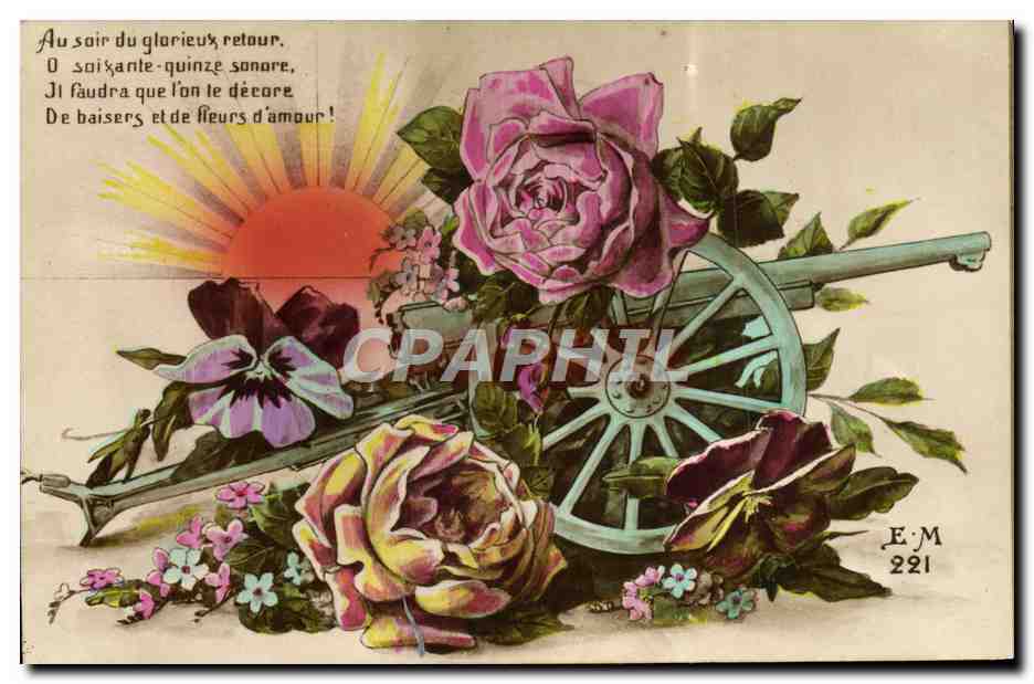 CPA Fantaisie Fleurs Canon Militaria
