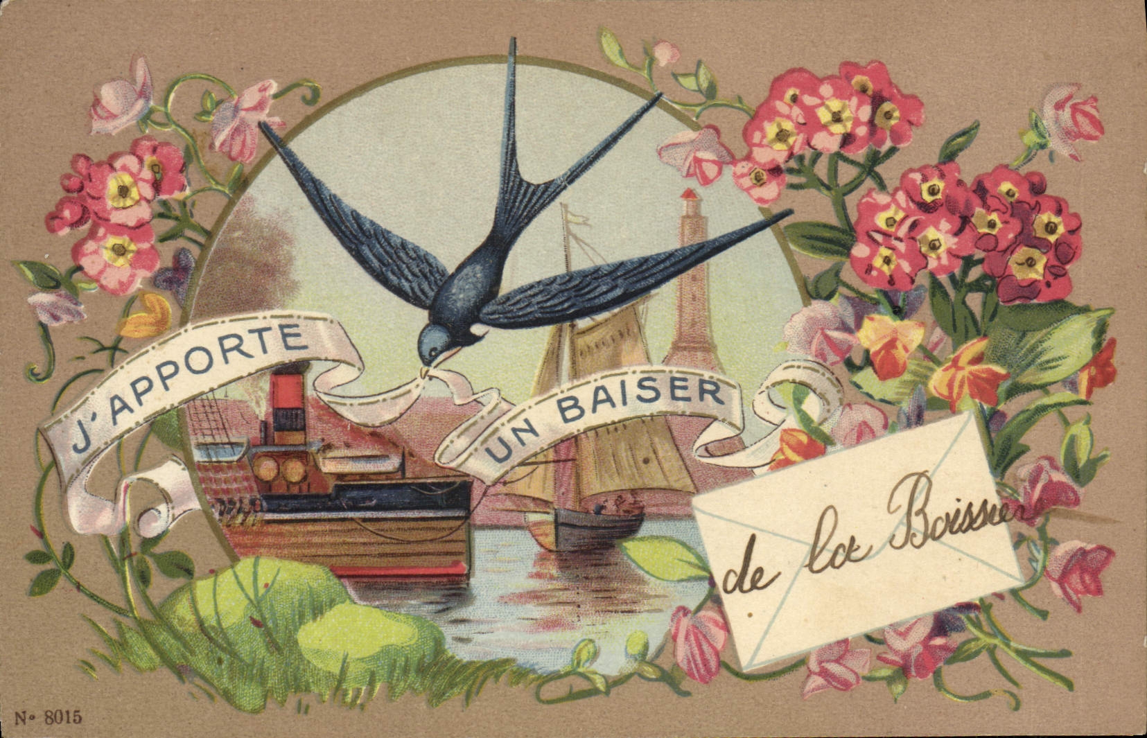 CPA Fantaisie Fleurs Hirondelle Phare Bateau