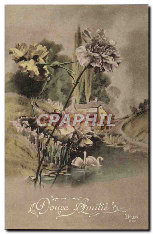 CPA Fantaisie Fleurs Cygnes Cygne