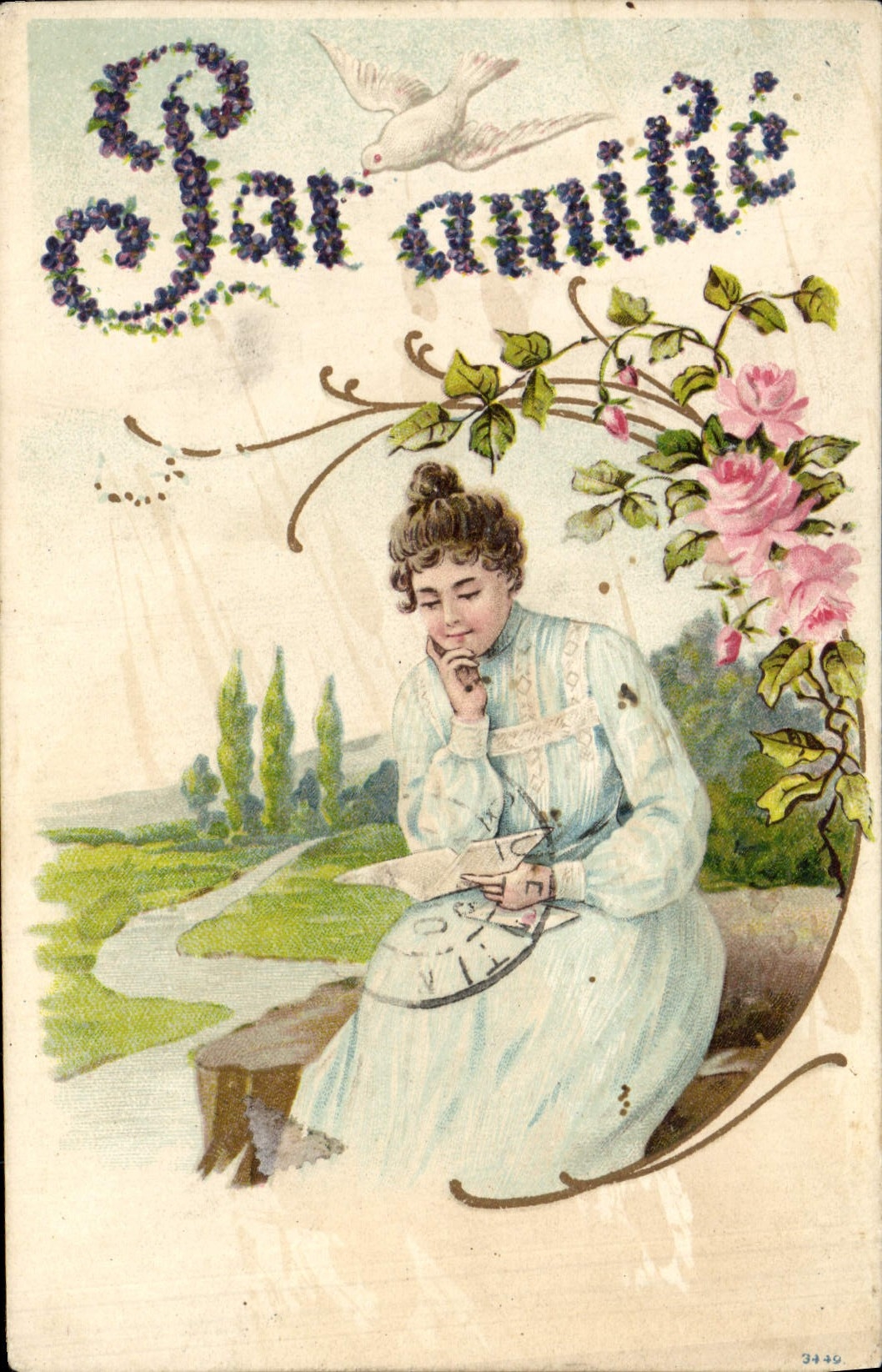 CPA Fantaisie Fleurs Femme Colombe