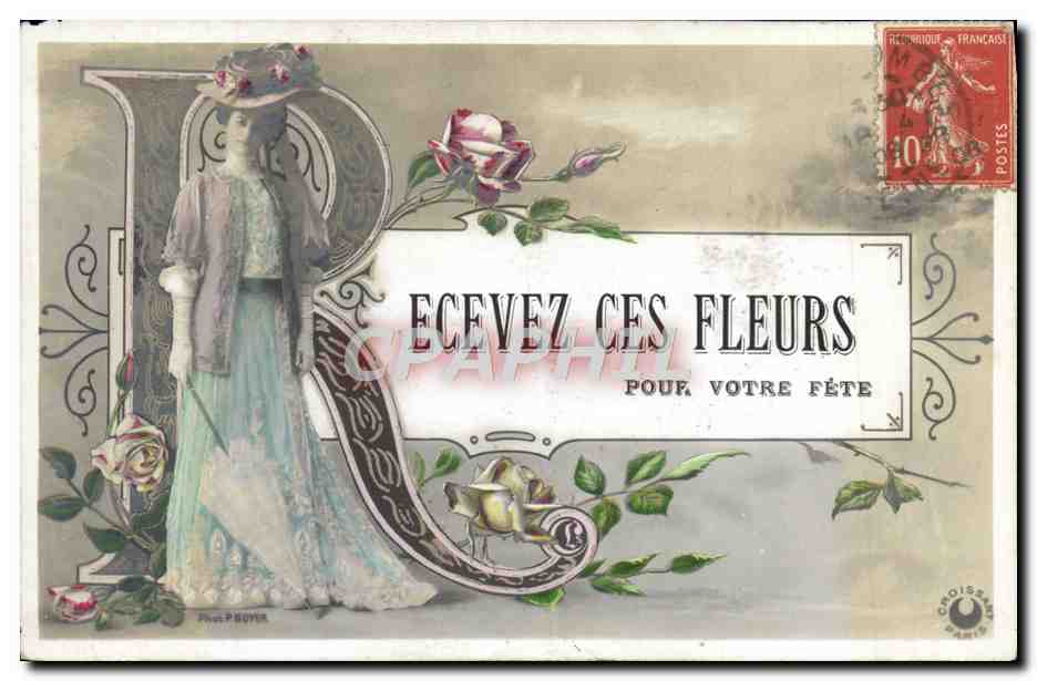 Femme en robe bleue et chapeau — roses — éditeur Croissant, n° 6406/99