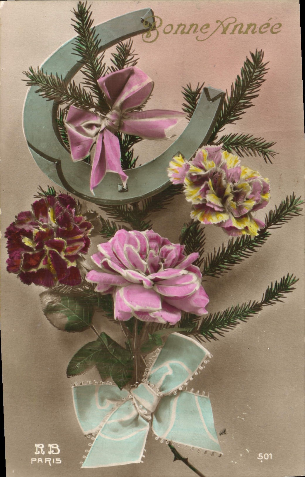 CPA Fantaisie Fleurs Fer a cheval